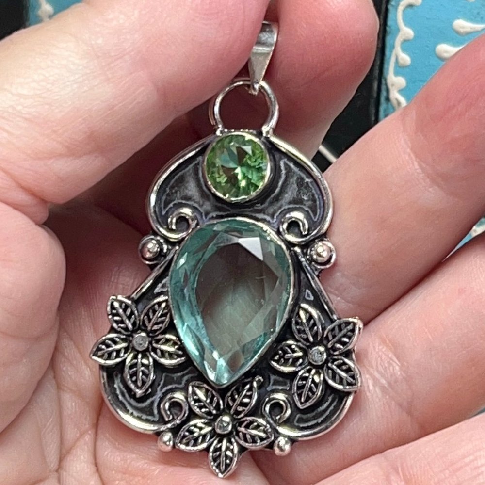 Blue Topaz Peridot Pendant Gemstone Handmade Statement 925 Silver Boho Ethnic - Picture 5 of 8